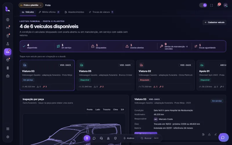 Frota com as viaturas disponíveis, em serviço e bloqueadas
