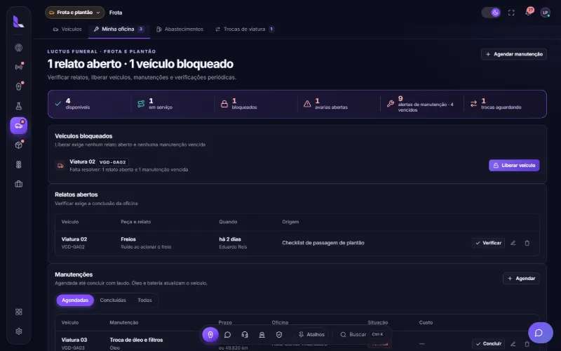 Minha oficina: veículos bloqueados, relatos de avaria e manutenções agendadas