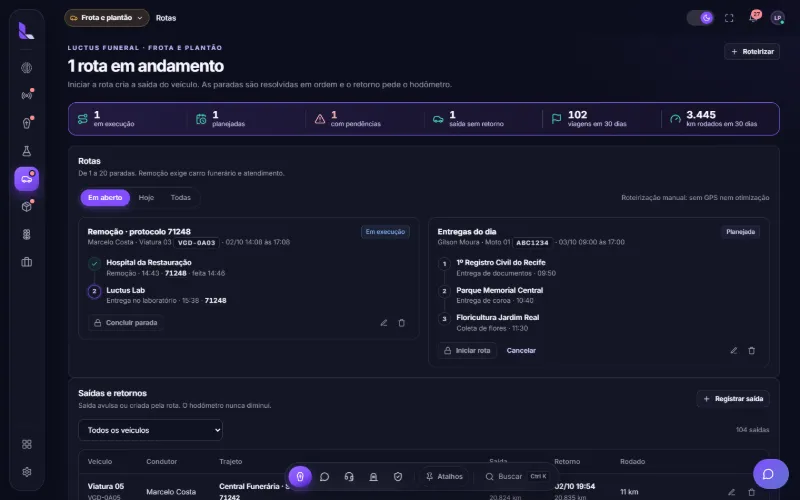 Rotas e saídas da frota em andamento
